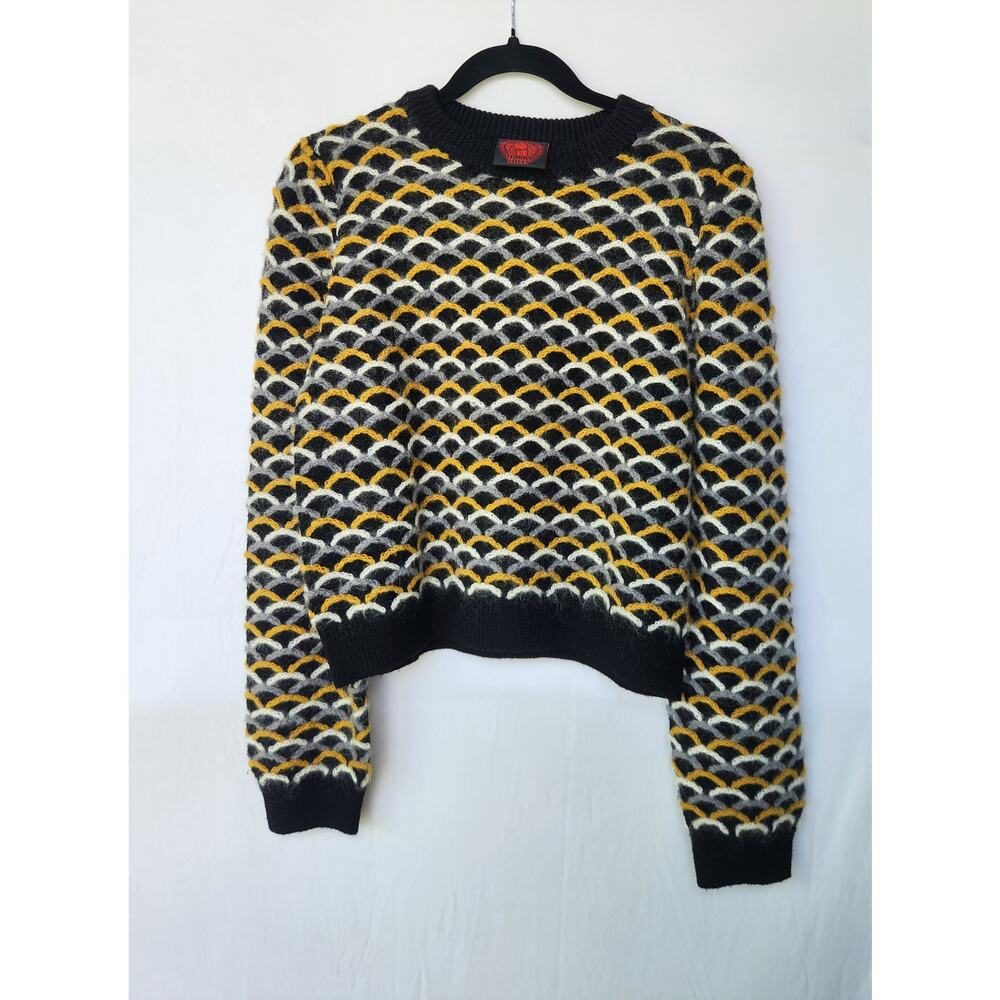 Happy Sheep Wool Blend Knit Sweater Size Small Black Gray Mustard Textured Cozy